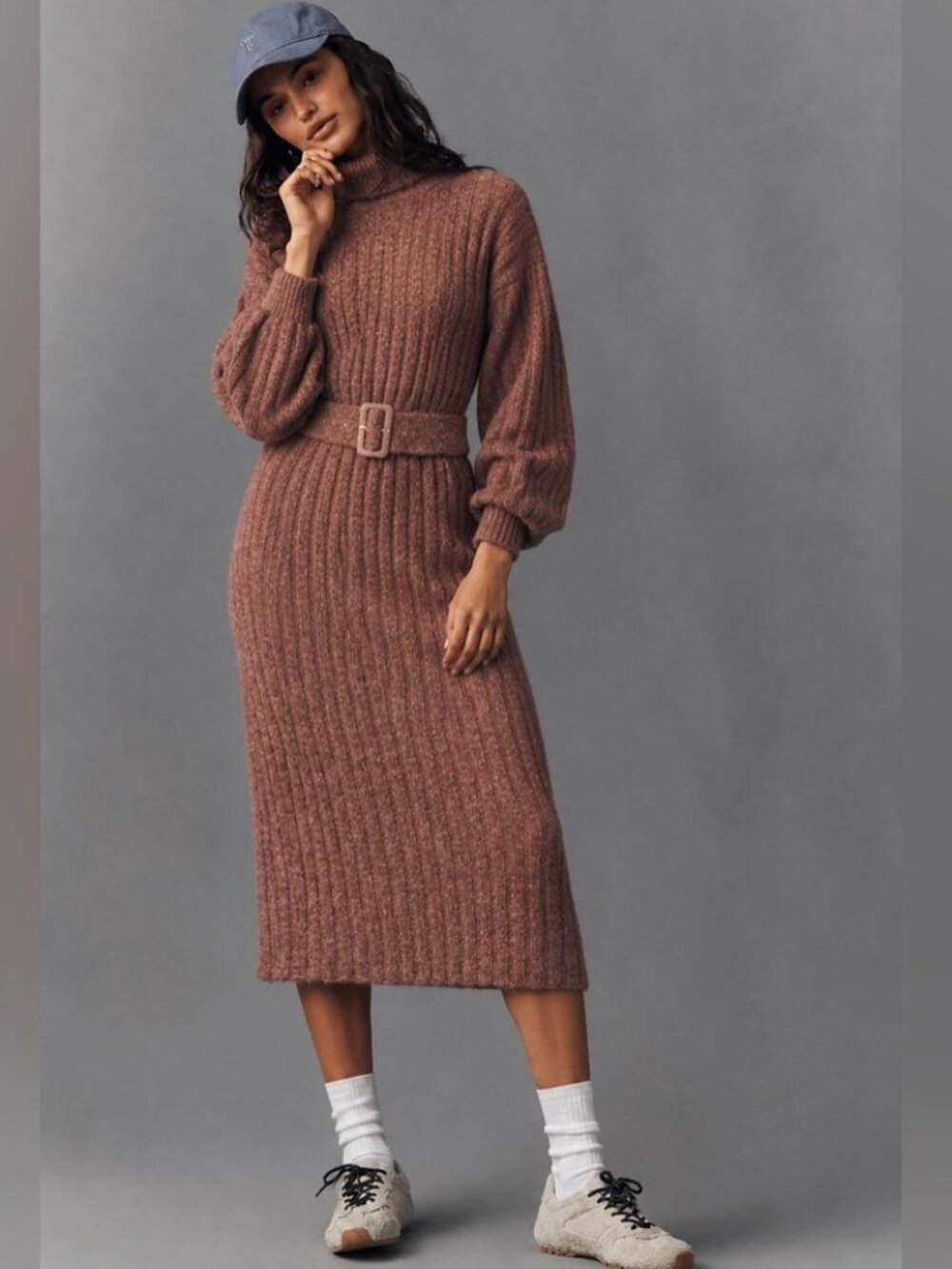 By Anthropologie Long-Sleeve Turtleneck Belted Sweater Midi Dress S Mauve